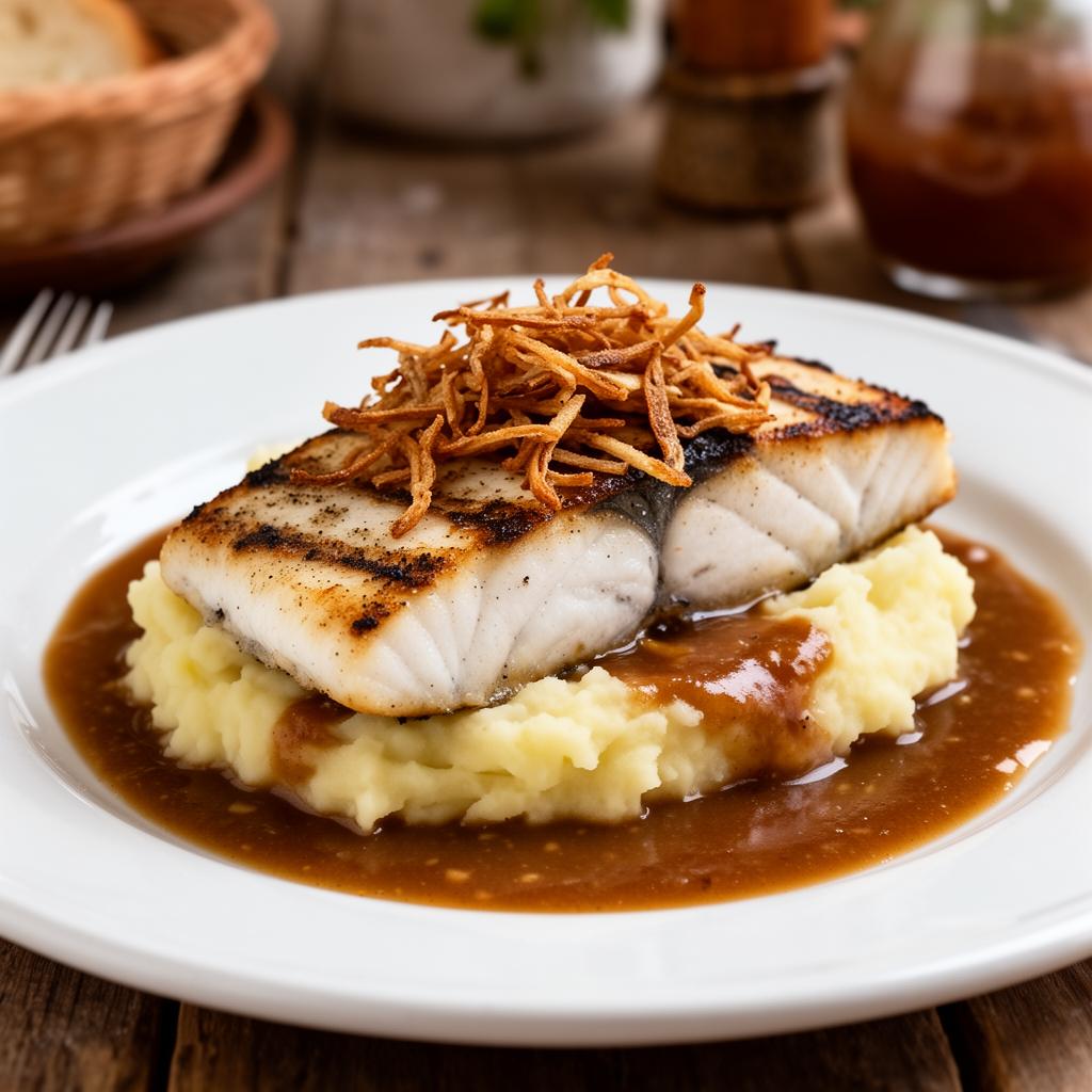 Pescado con cebolla crujiente y salsa