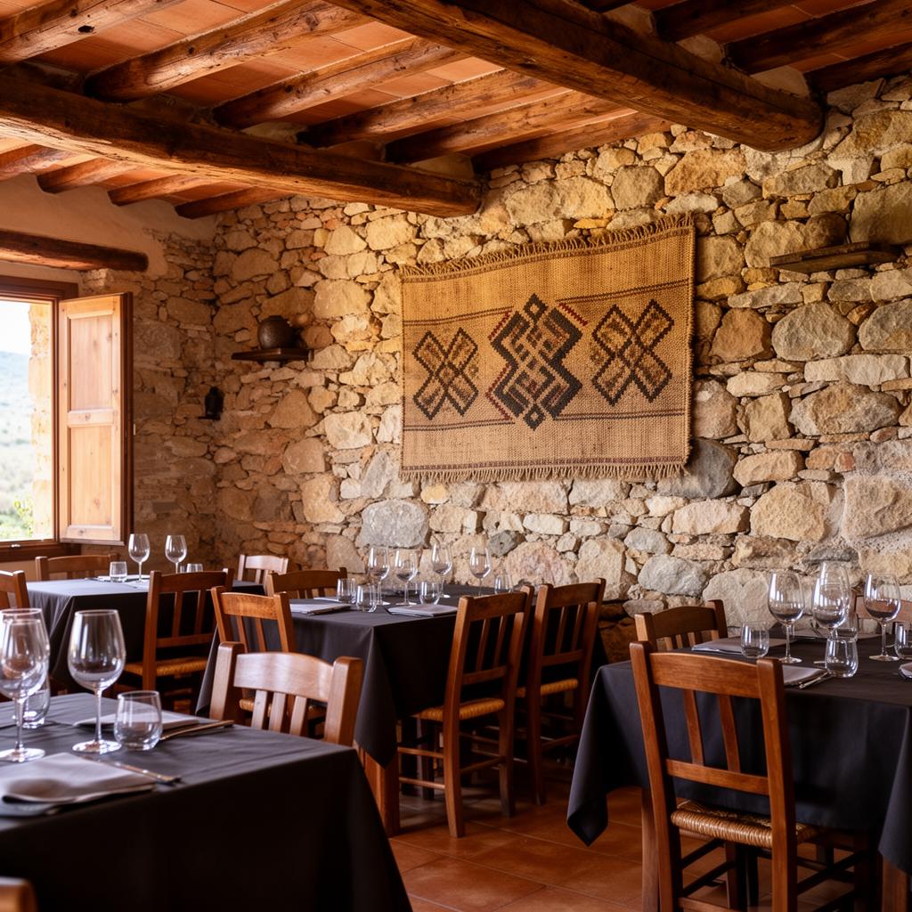 Comedor interior de piedra y madera en La Venta del Collao