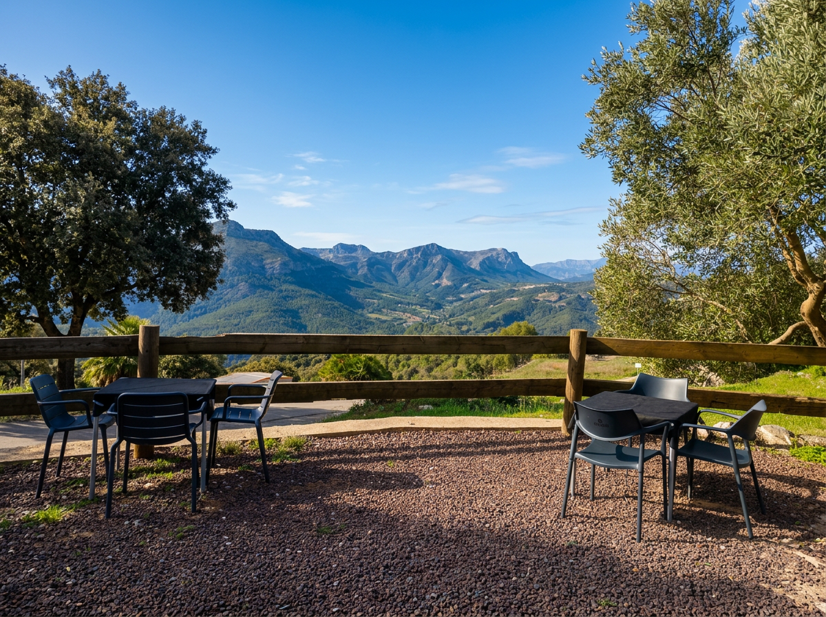 Terraza exterior con mesas negras y panorámica del valle